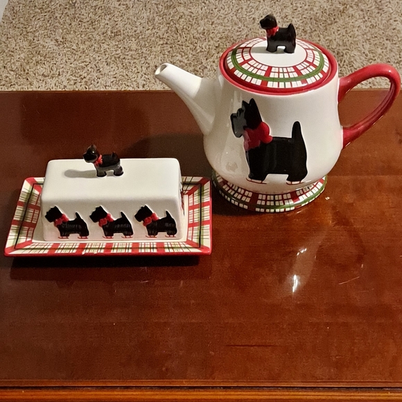 🫖 Kate Williams Tea Pot & Butter Tray Set With Black Scottie Dog & Plaid Design - Picture 2 of 4